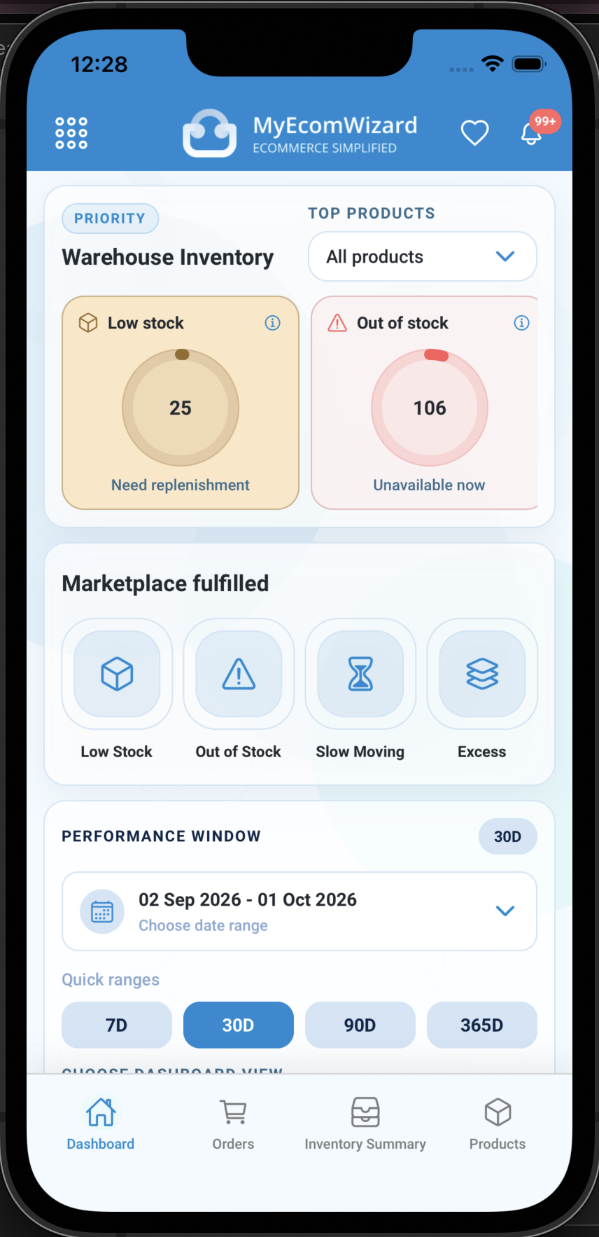 MyEcomWizard mobile dashboard in light mode